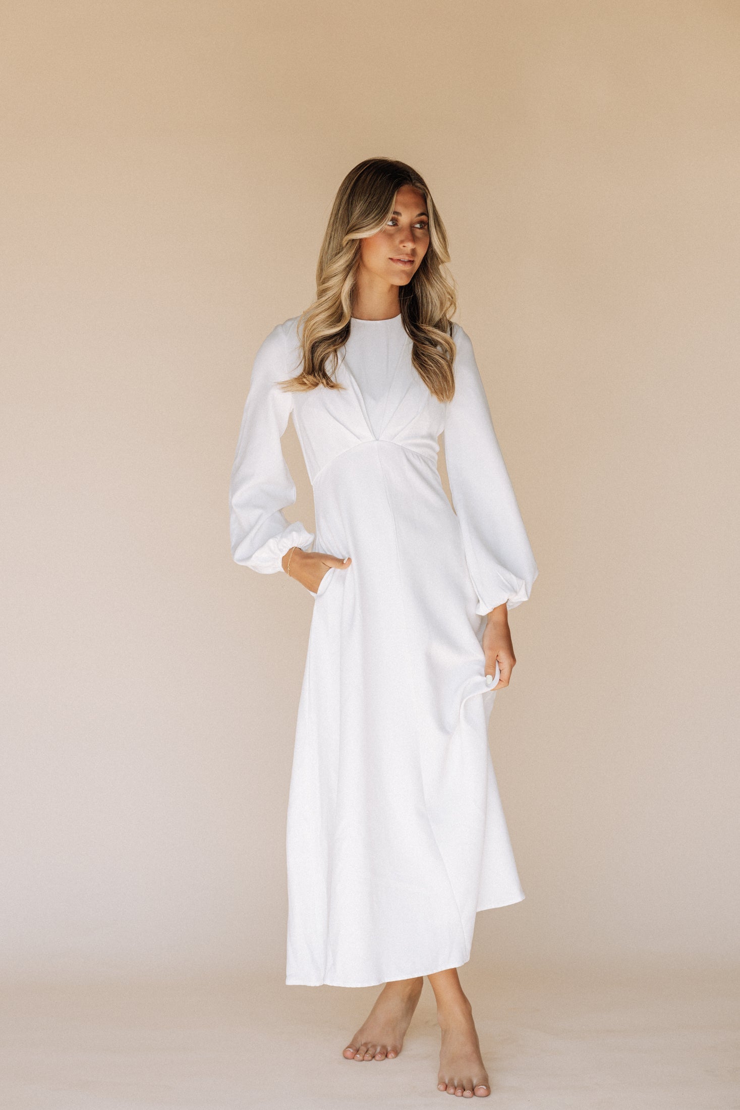LDS Temple Dress | White Long Sleeve Wedding Maxi