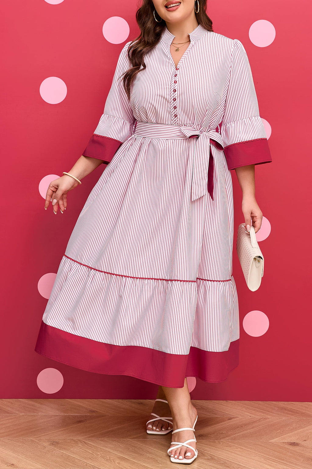 Plus Size Pinstripe Ruffle Hem Midi Dress