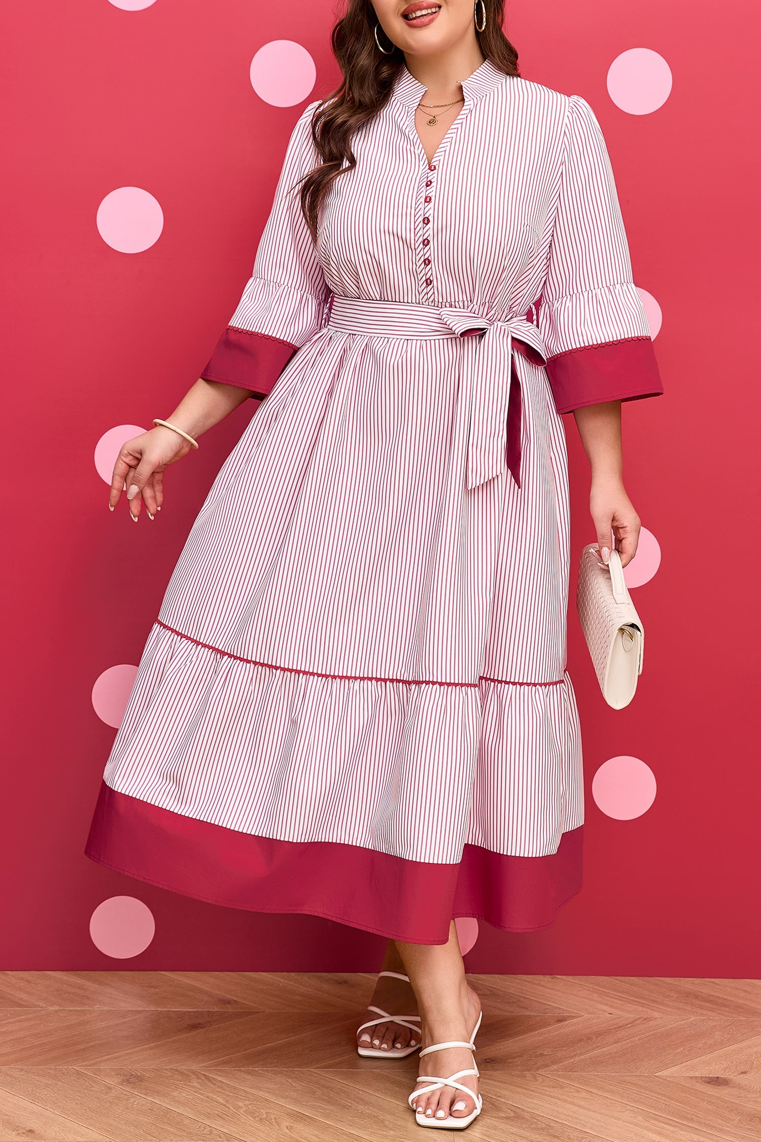 Plus Size Pinstripe Ruffle Hem Midi Dress