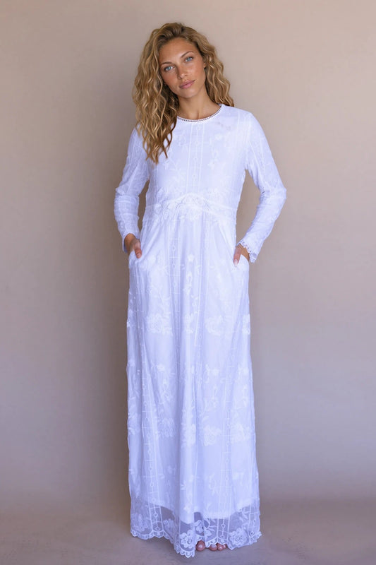 Sarah Temple Dress | LDS Temple Dress with Lace Embroidery