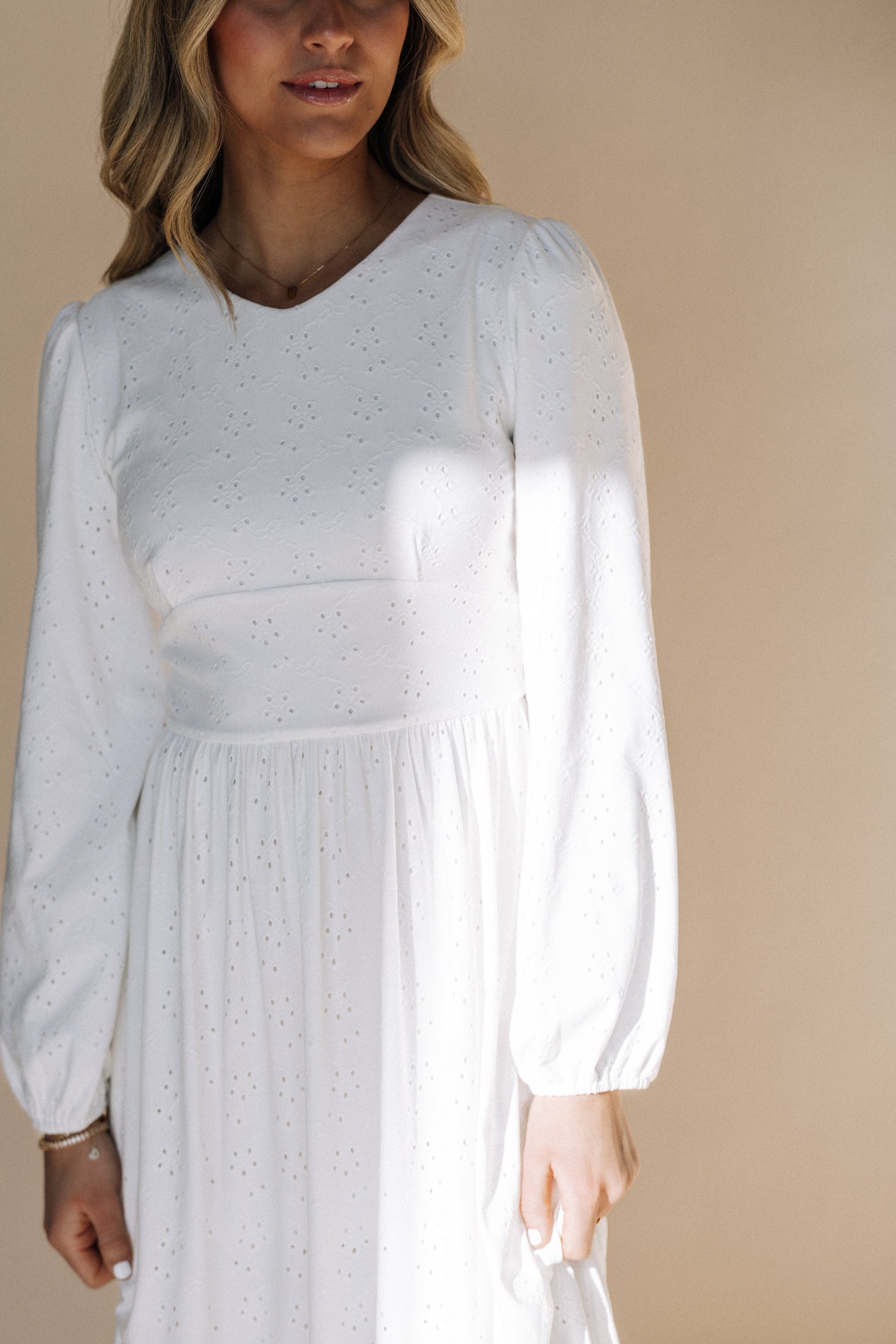 Sandra — LDS Temple Gown | White Floral Maxi