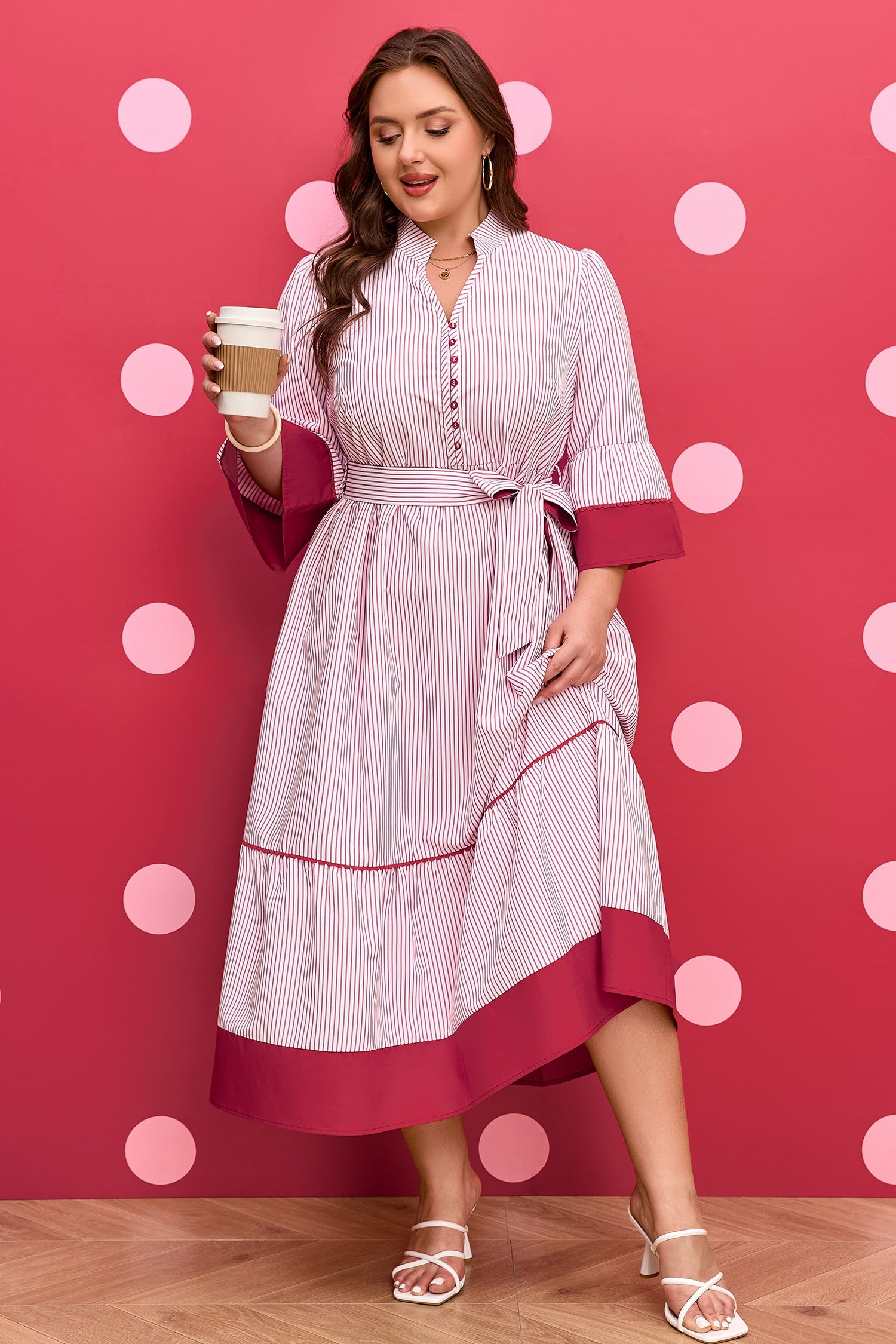 Plus Size Pinstripe Ruffle Hem Midi Dress