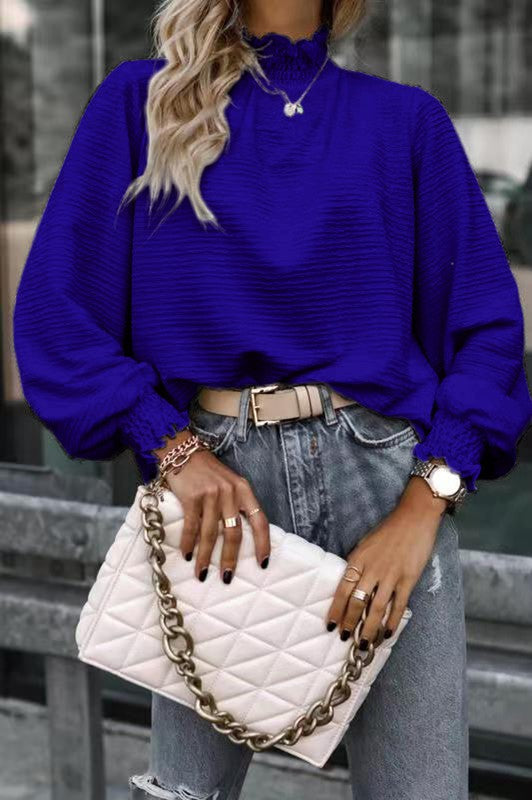 Miss Sparkling Ruffle Hem Mock Neck Puff Sleeve Top