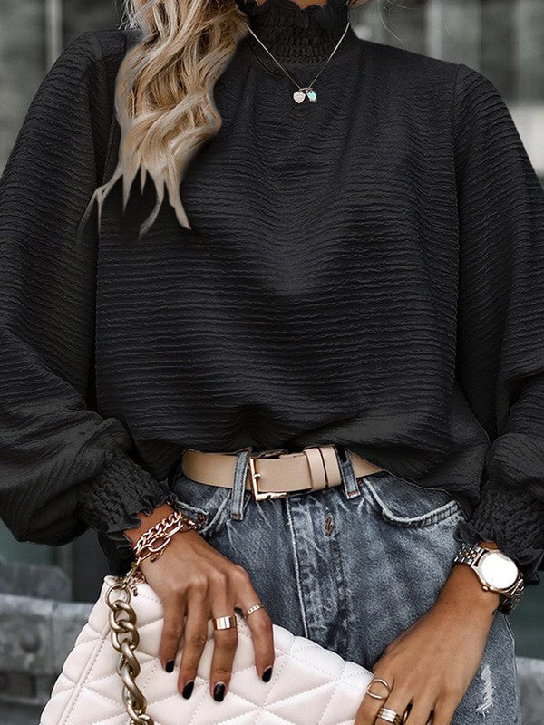 Miss Sparkling Ruffle Hem Mock Neck Puff Sleeve Top