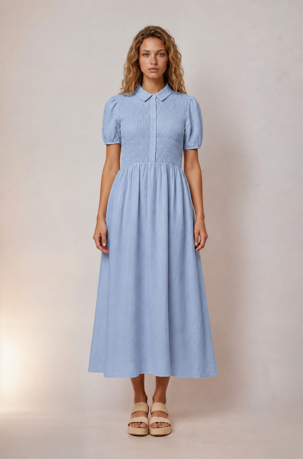 Jenna Smocked Collared Dress in Blue