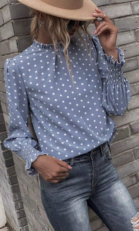Miss Sparkling Polka Dot Print Lantern Sleeve Blouse