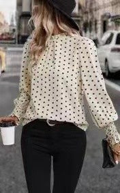 Miss Sparkling Polka Dot Print Lantern Sleeve Blouse