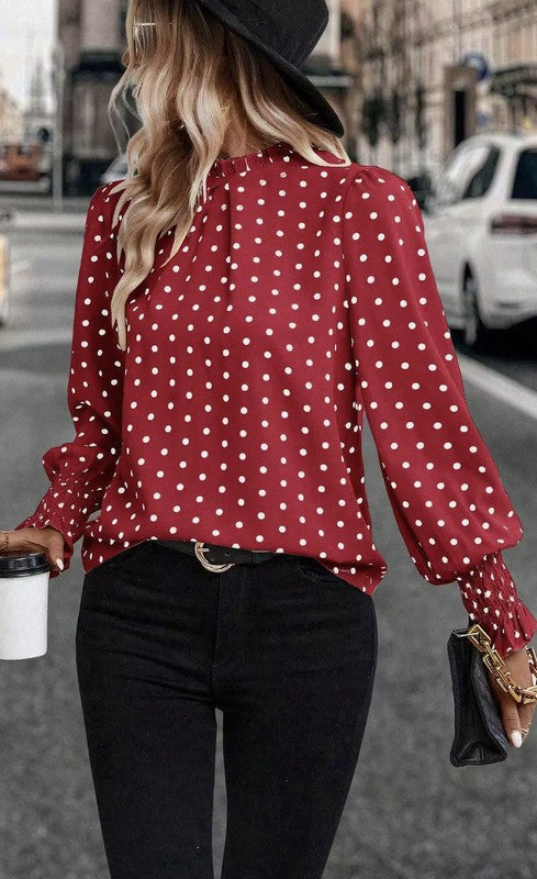 Miss Sparkling Polka Dot Print Lantern Sleeve Blouse