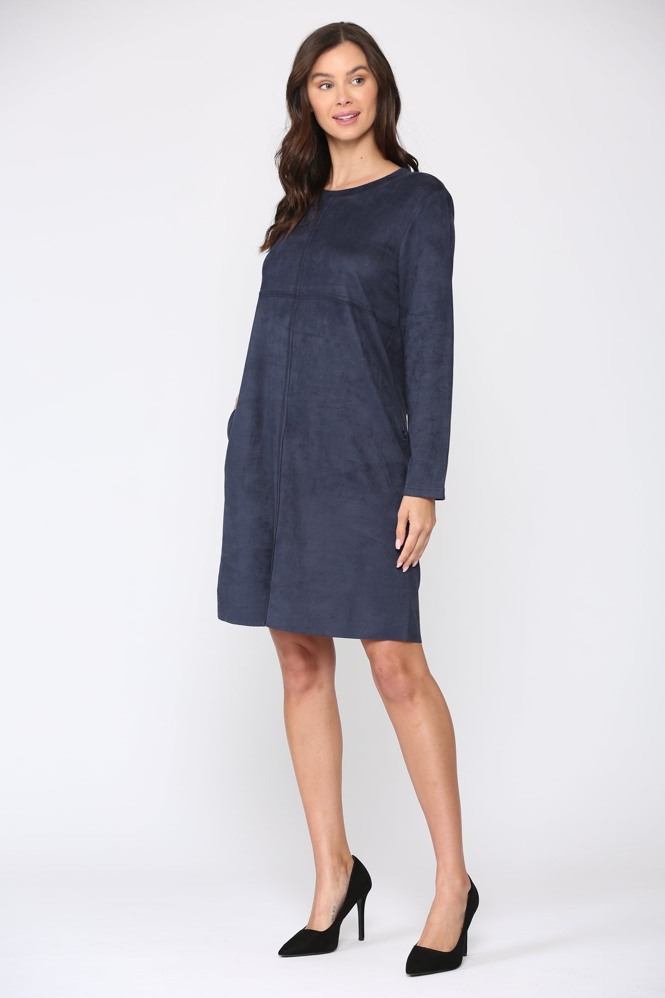 Aurora Suede Round Neck Dress with Pockets