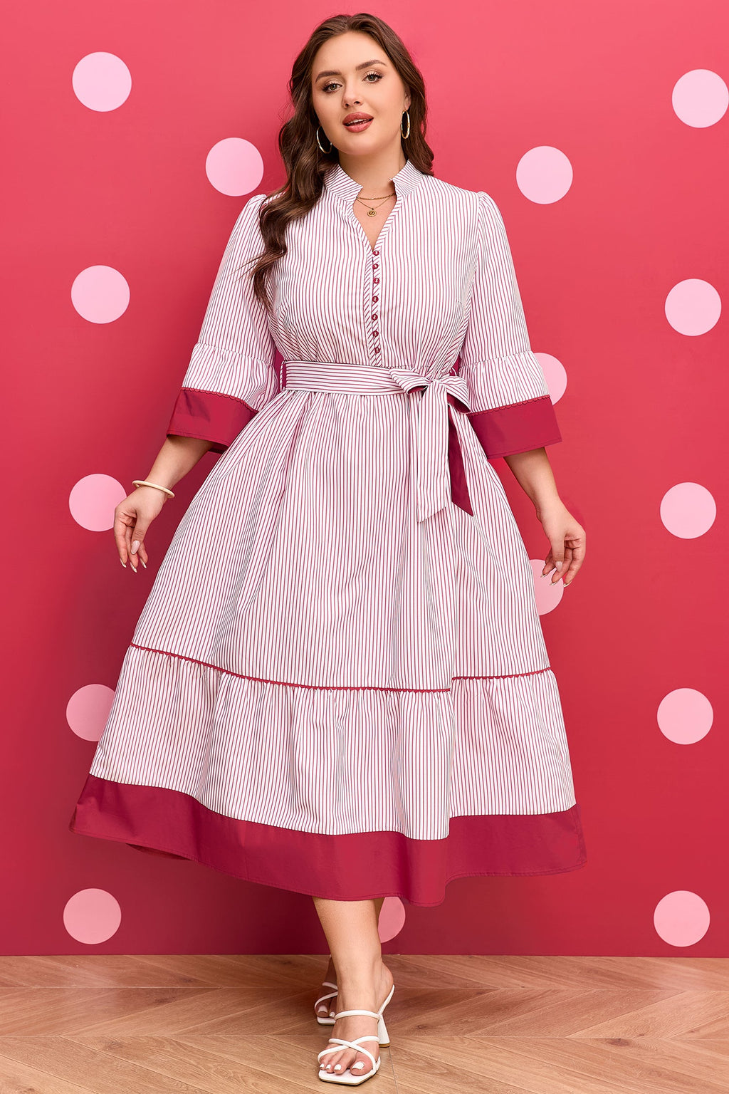 Plus Size Pinstripe Ruffle Hem Midi Dress
