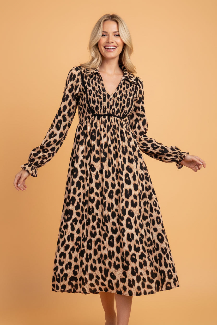 Leopard Smocked V-Neck Flowy Midi Dress
