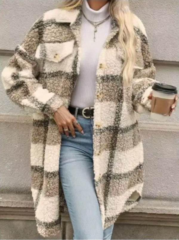 Miss Sparkling Plaid Faux Fur Coat