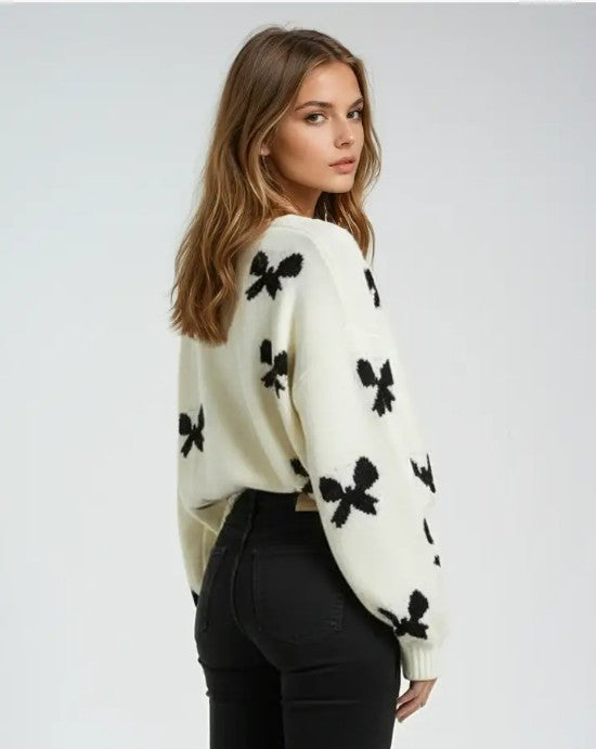 Miss Sparkling Bow Print Tie-Front Cardigan