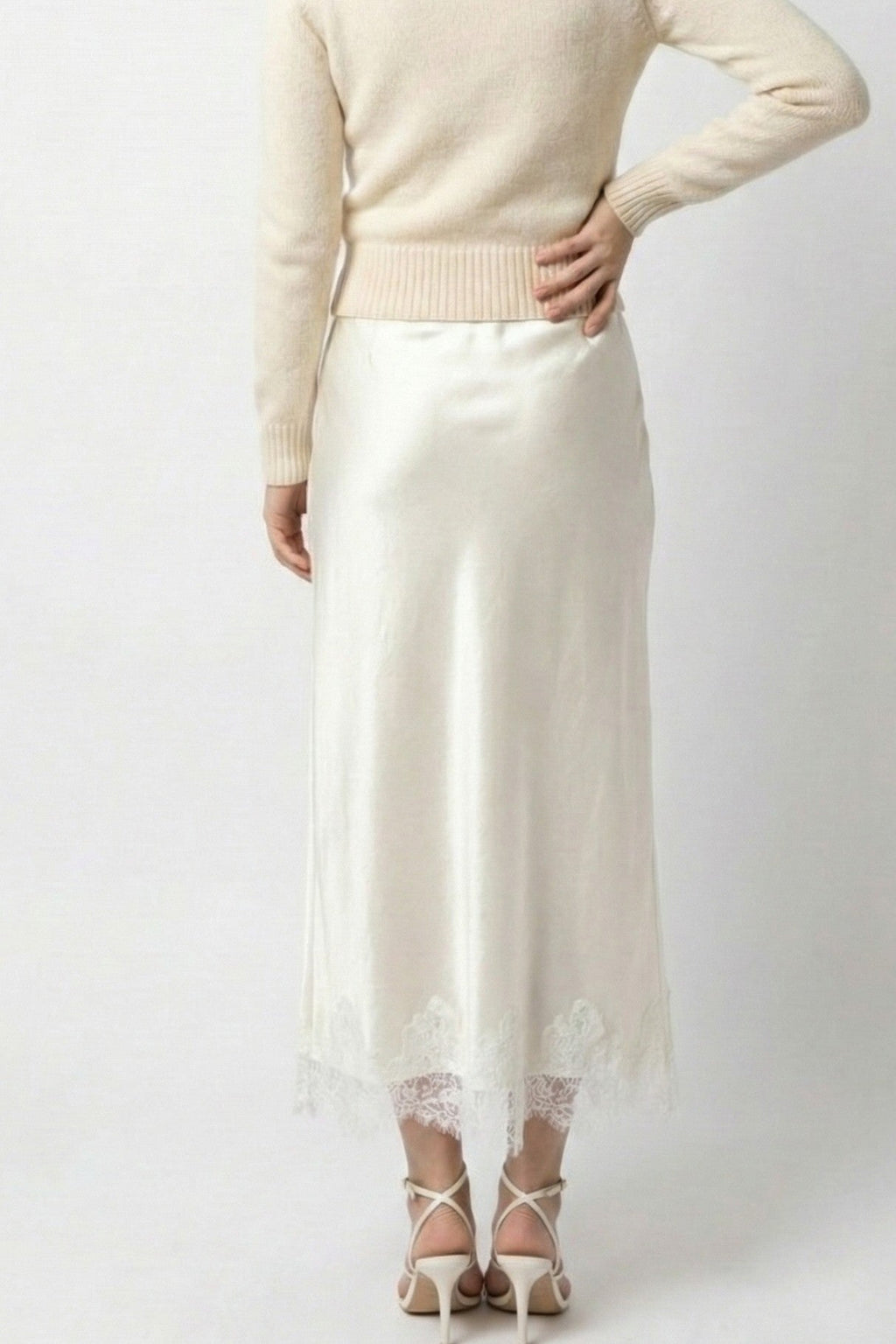 Miss Sparkling Satin Midi Skirt with Lace Trim