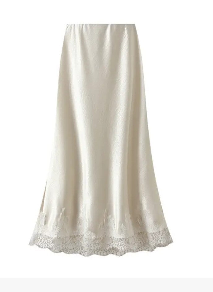 Miss Sparkling Satin Midi Skirt with Lace Trim