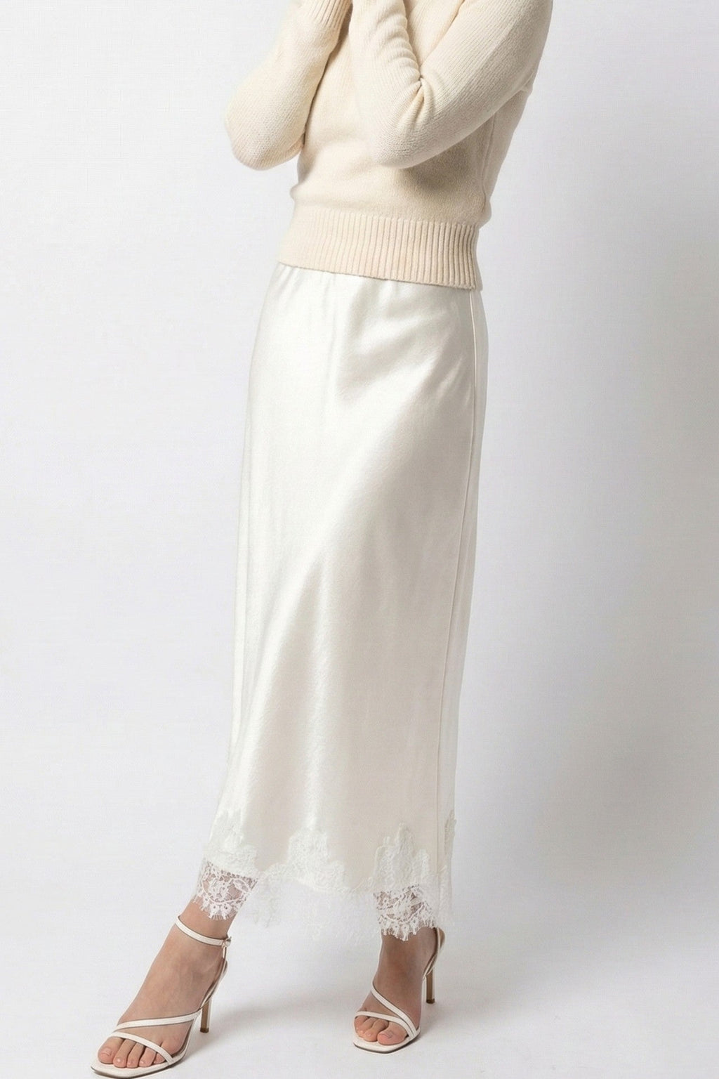 Miss Sparkling Satin Midi Skirt with Lace Trim