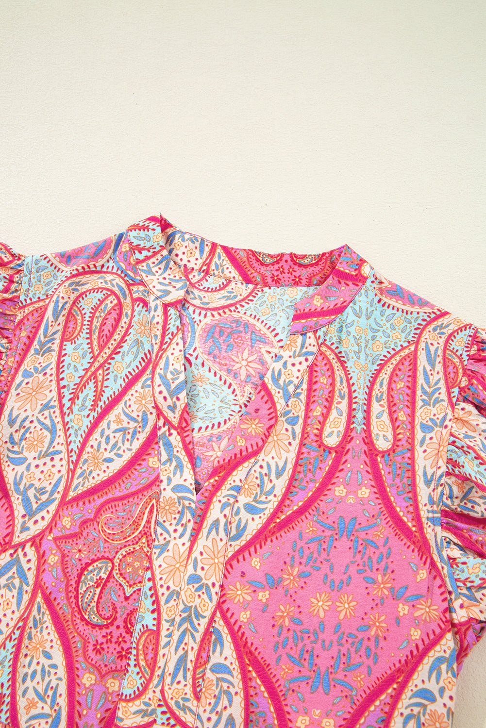 Tribal Paisley Ruffle Sleeve Notch Neck Midi Dress