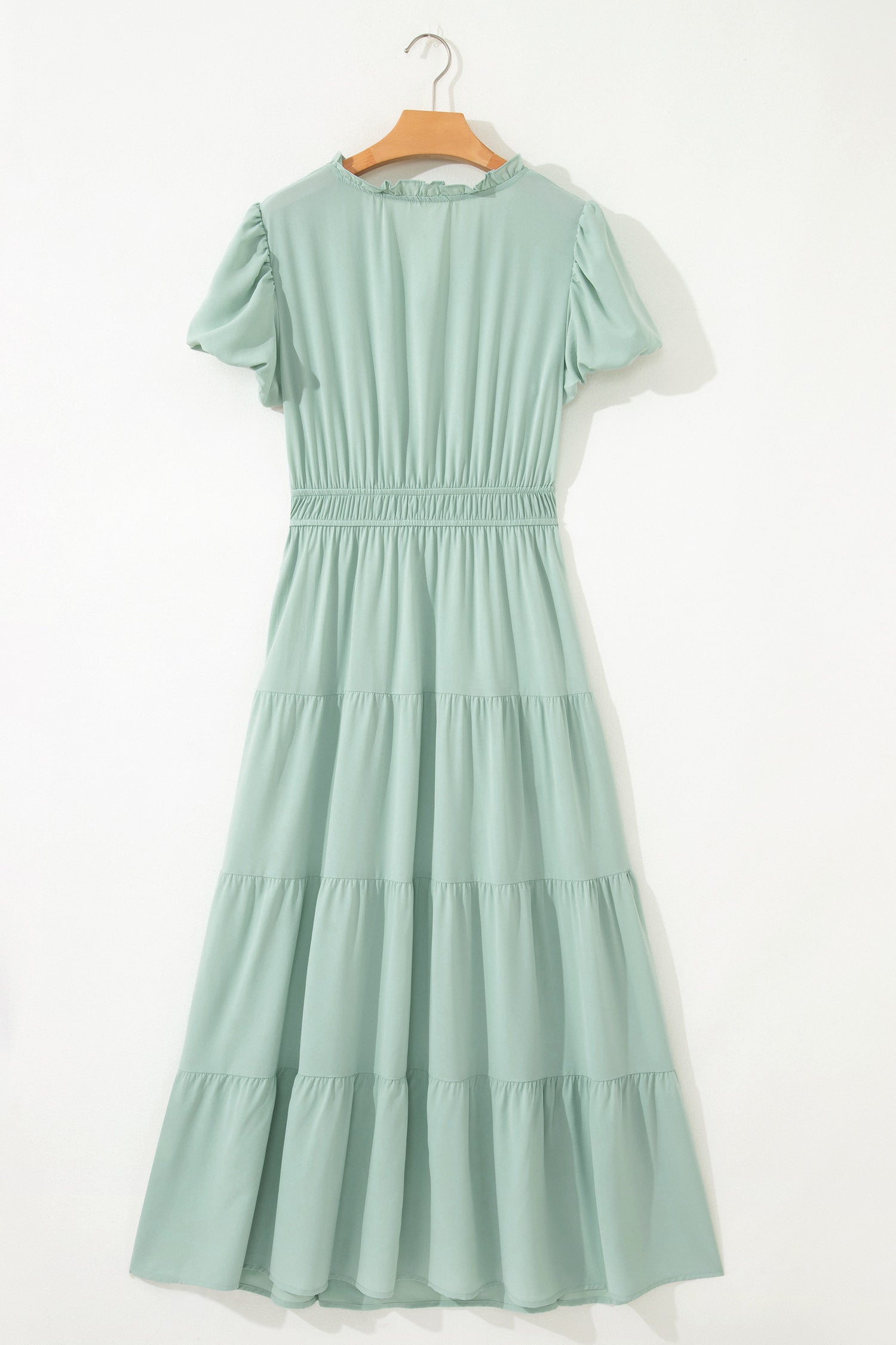 Solid V-Neck Short Puff Sleeve Tiered Maxi Dress in Pink or Aqua