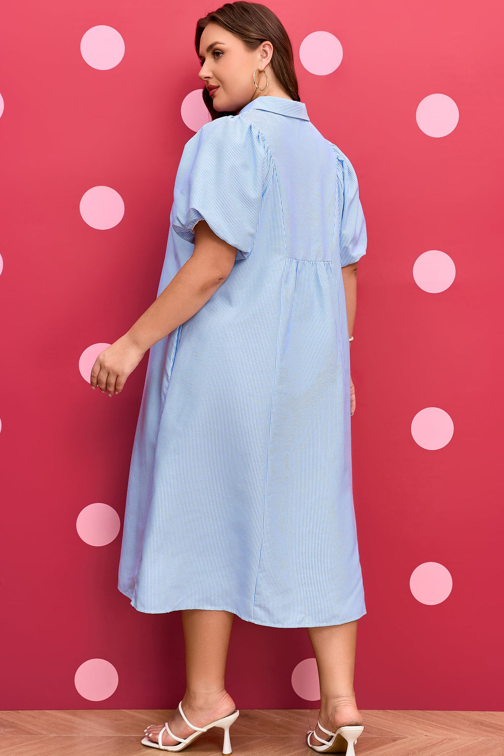 Plus Size Stripe Shirred Collared V-Neck Midi Dress