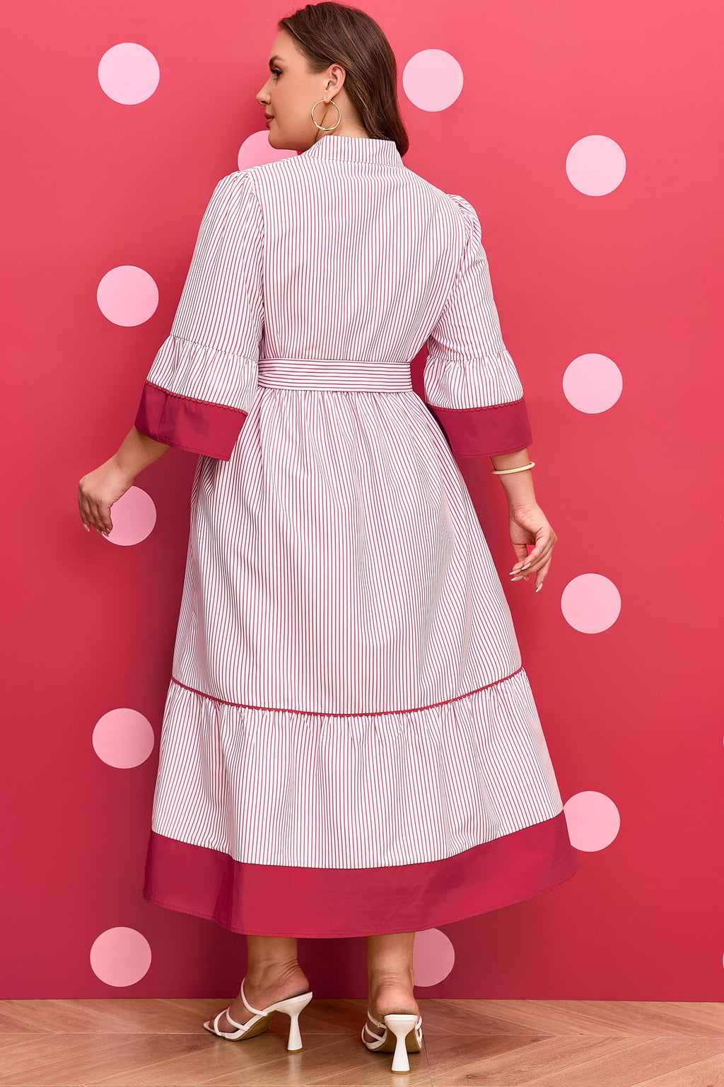 Plus Size Pinstripe Ruffle Hem Midi Dress