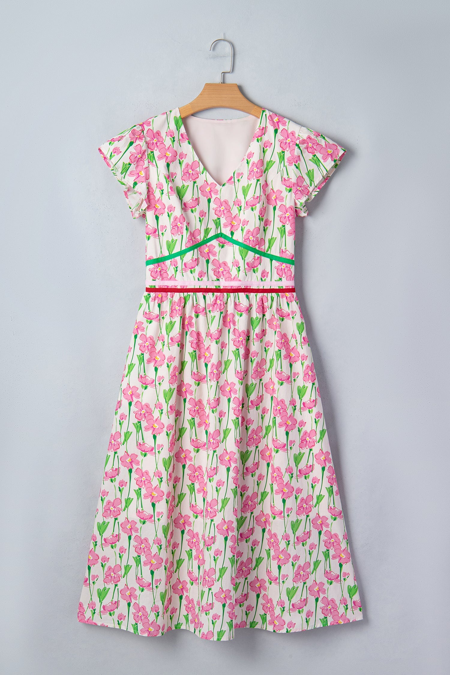 Floral V-Neck Short Sleeve Midi Dress