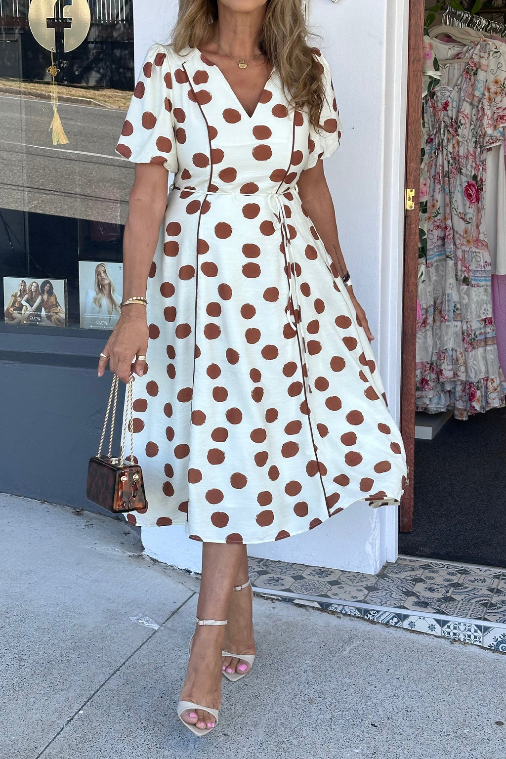 Polka Dot V-Neck Short Sleeve Midi Dress