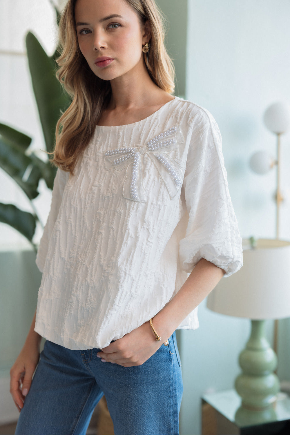 Walynn Woven Top with Pearl Ribbon Bow