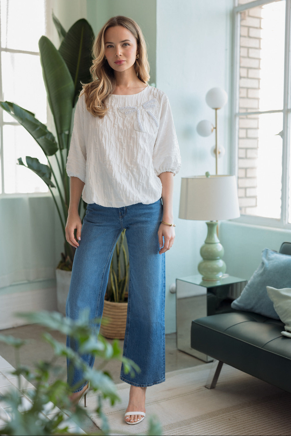 Walynn Woven Top with Pearl Ribbon Bow