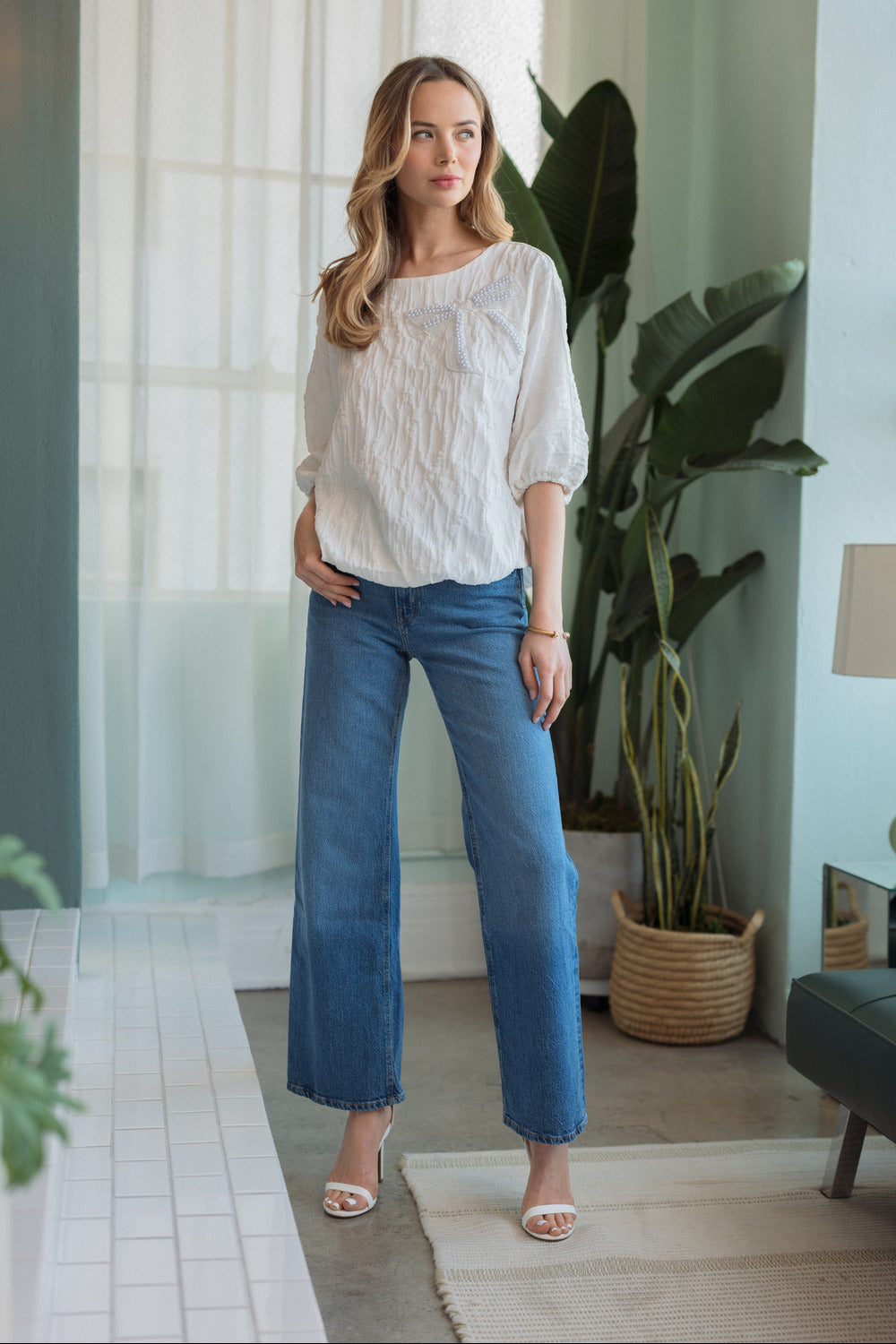 Walynn Woven Top with Pearl Ribbon Bow