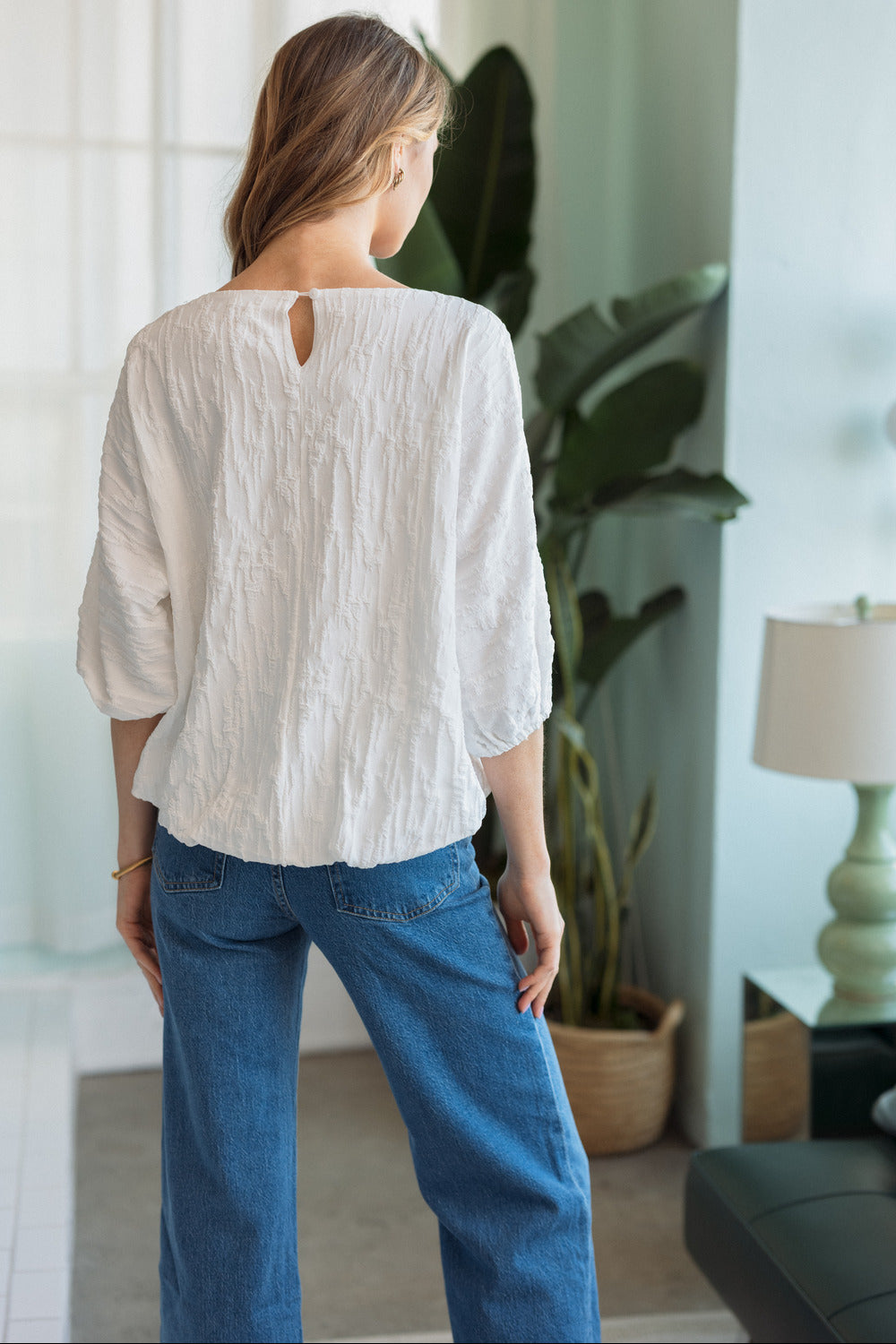 Walynn Woven Top with Pearl Ribbon Bow