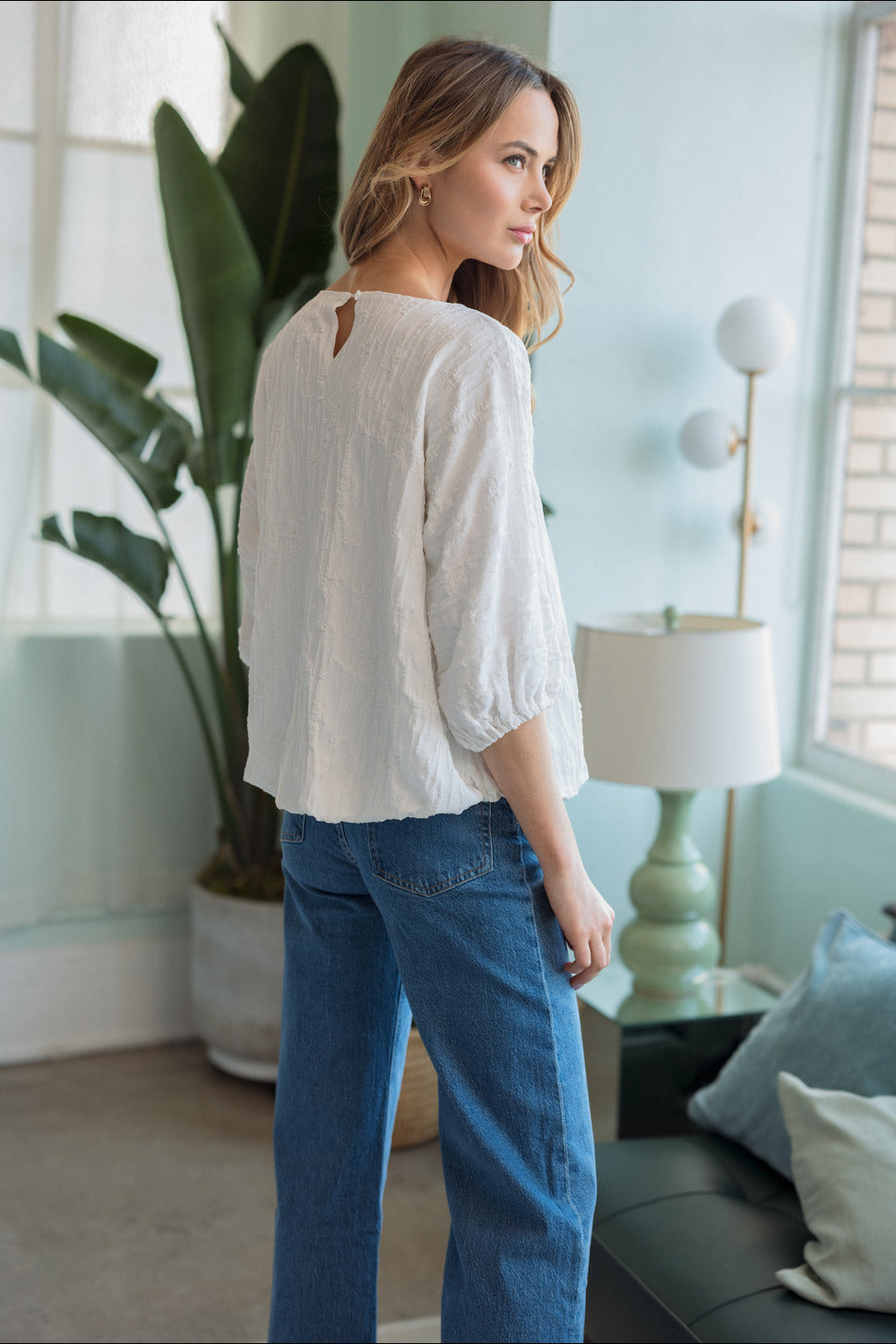 Walynn Woven Top with Pearl Ribbon Bow