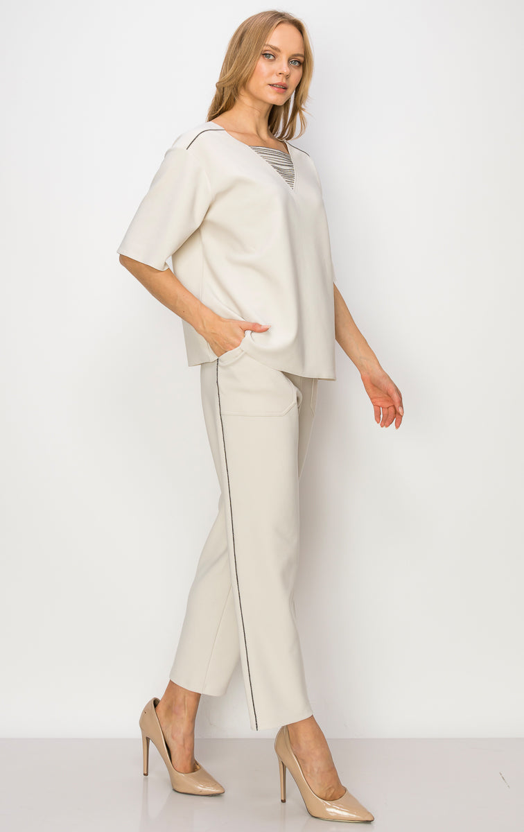 Karine Crepe Knit Pant with Beading Trim