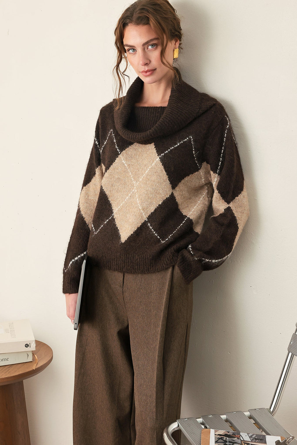 Flying Tomato Cozy Moments Brown Argyle Cowl Neck Sweater