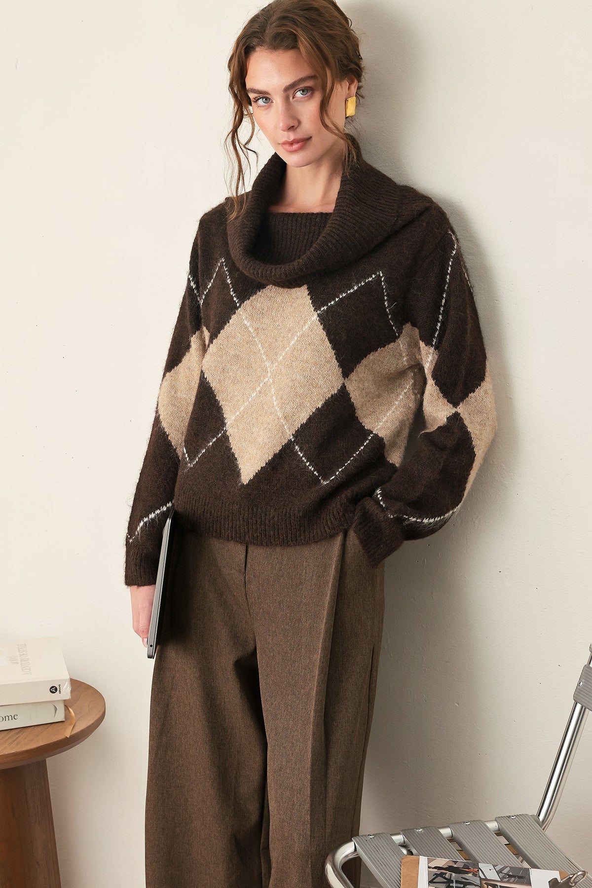 Flying Tomato Cozy Moments Brown Argyle Cowl Neck Sweater