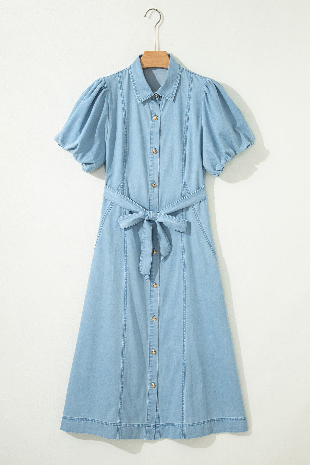 Solid Denim Collared Bubble Sleeve Buttoned Midi Dress