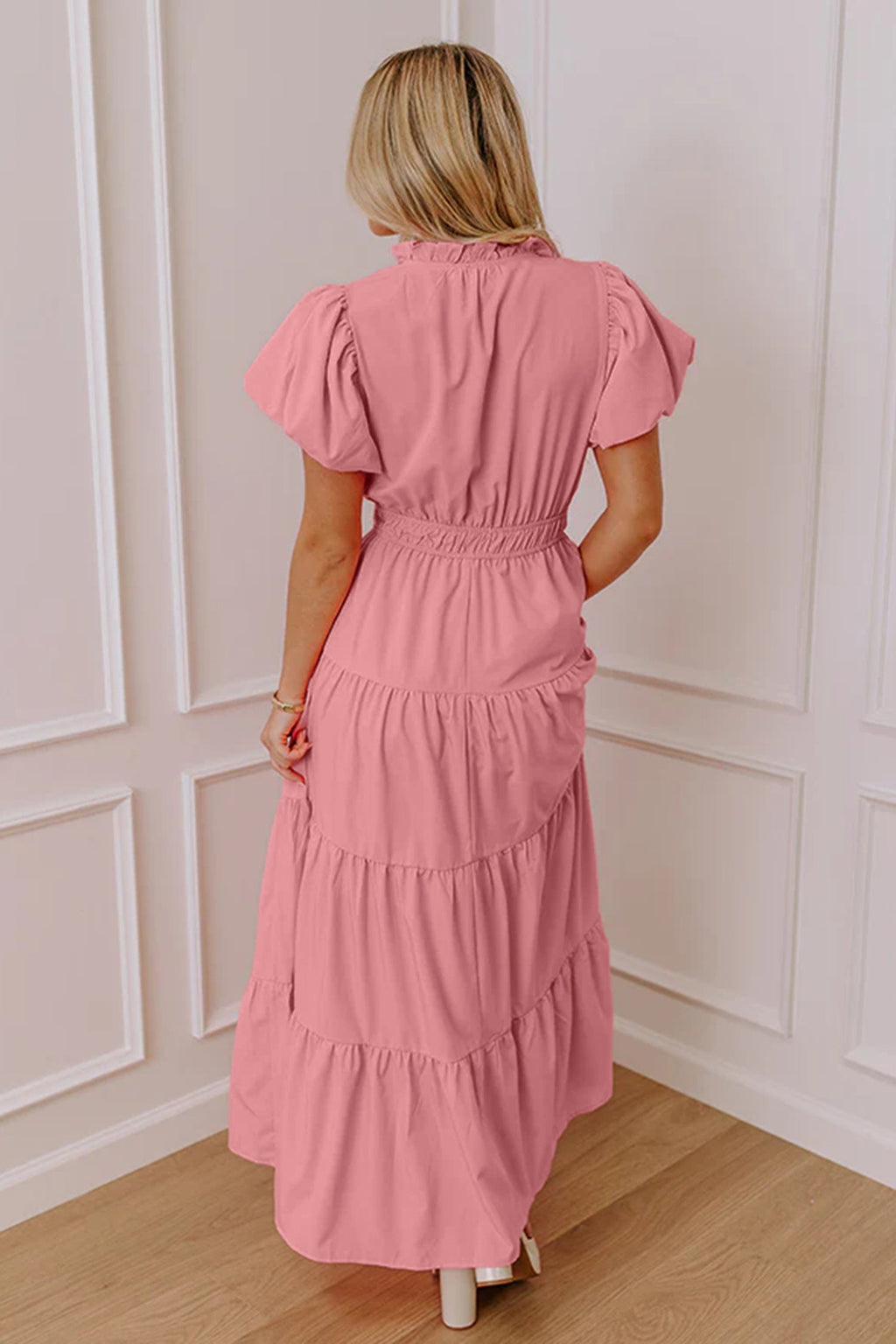 Solid V-Neck Short Puff Sleeve Tiered Maxi Dress in Pink or Aqua