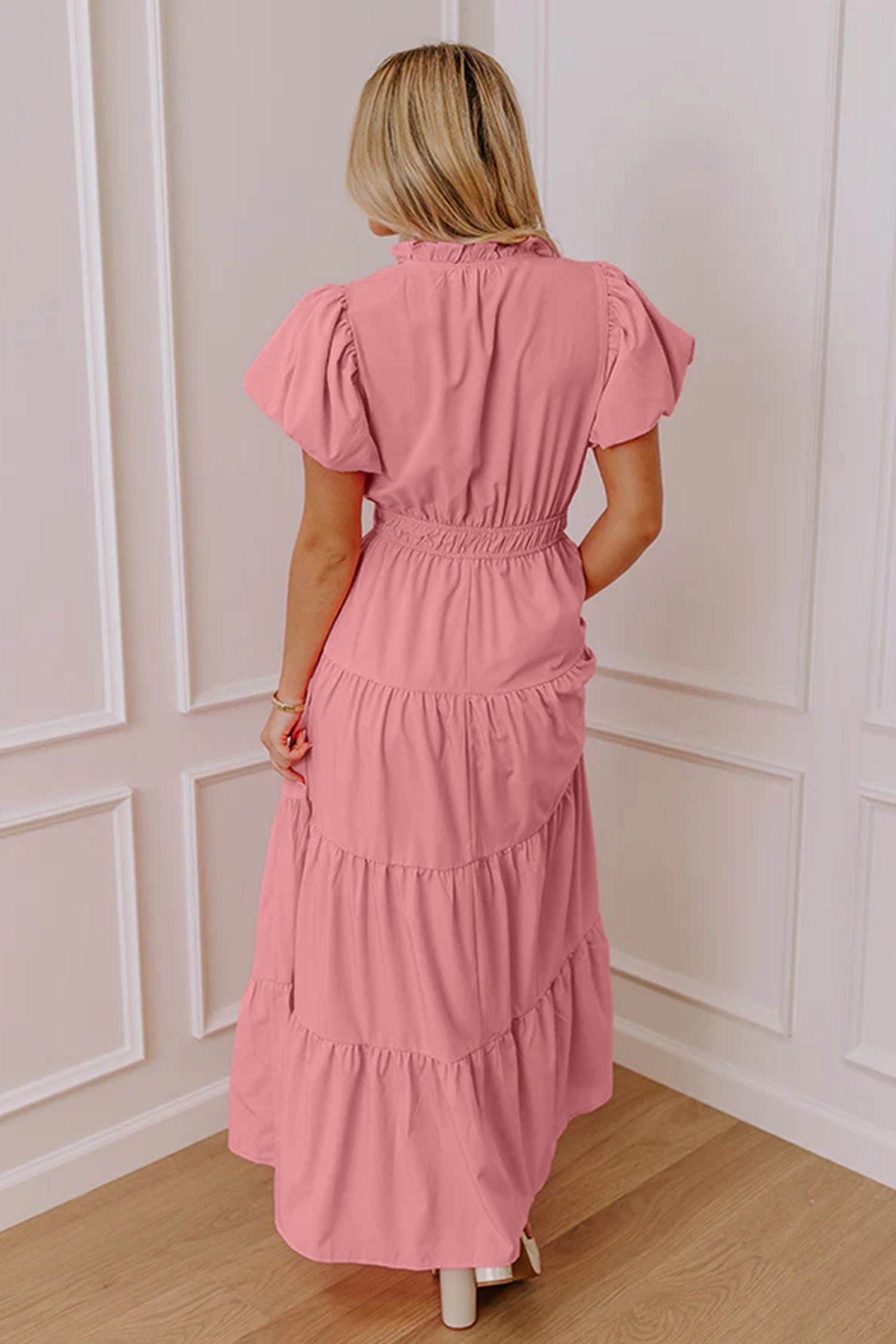 Solid V-Neck Short Puff Sleeve Tiered Maxi Dress in Pink or Aqua