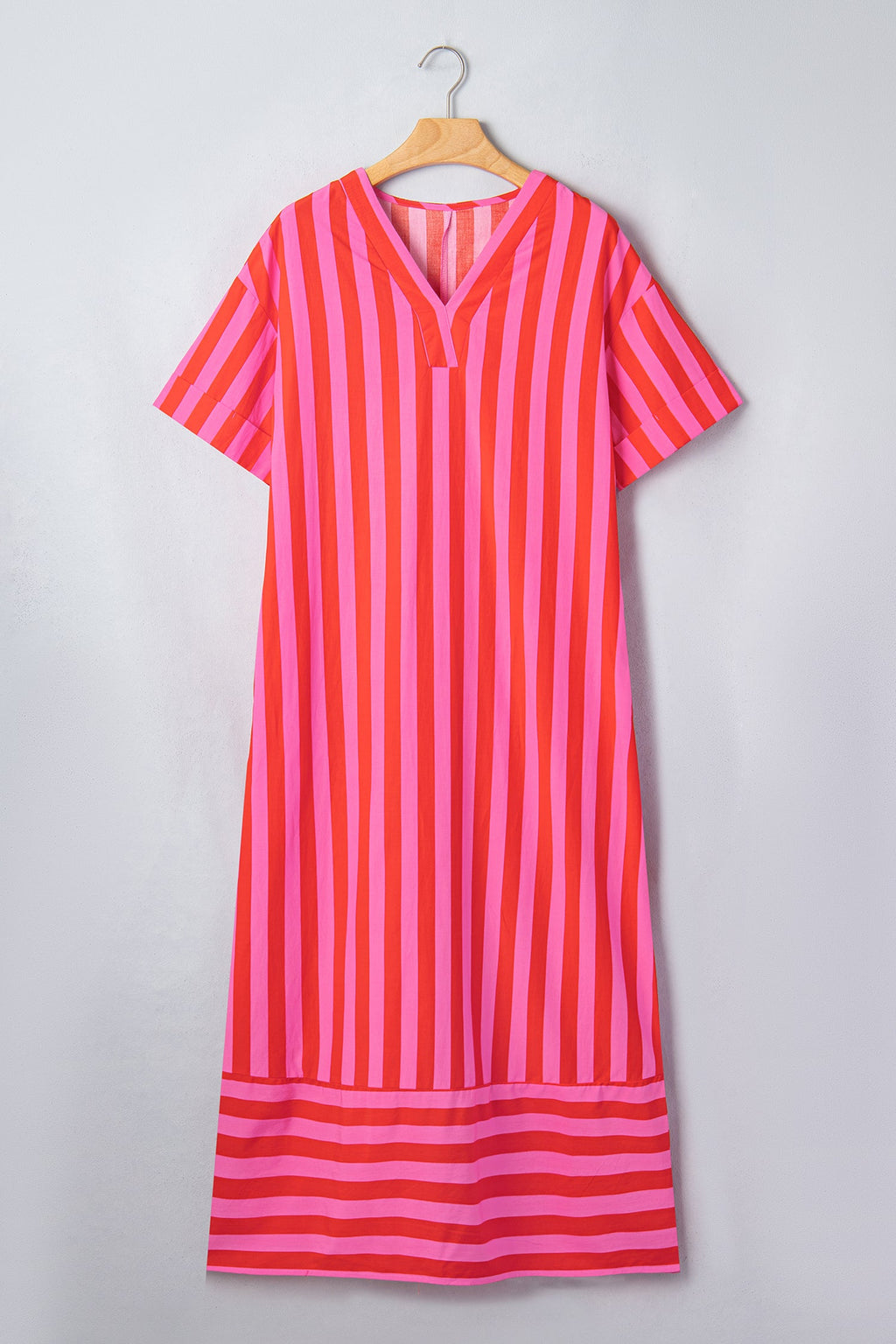 Stripe V-Neck Cuffed Sleeve Split Midi Dress