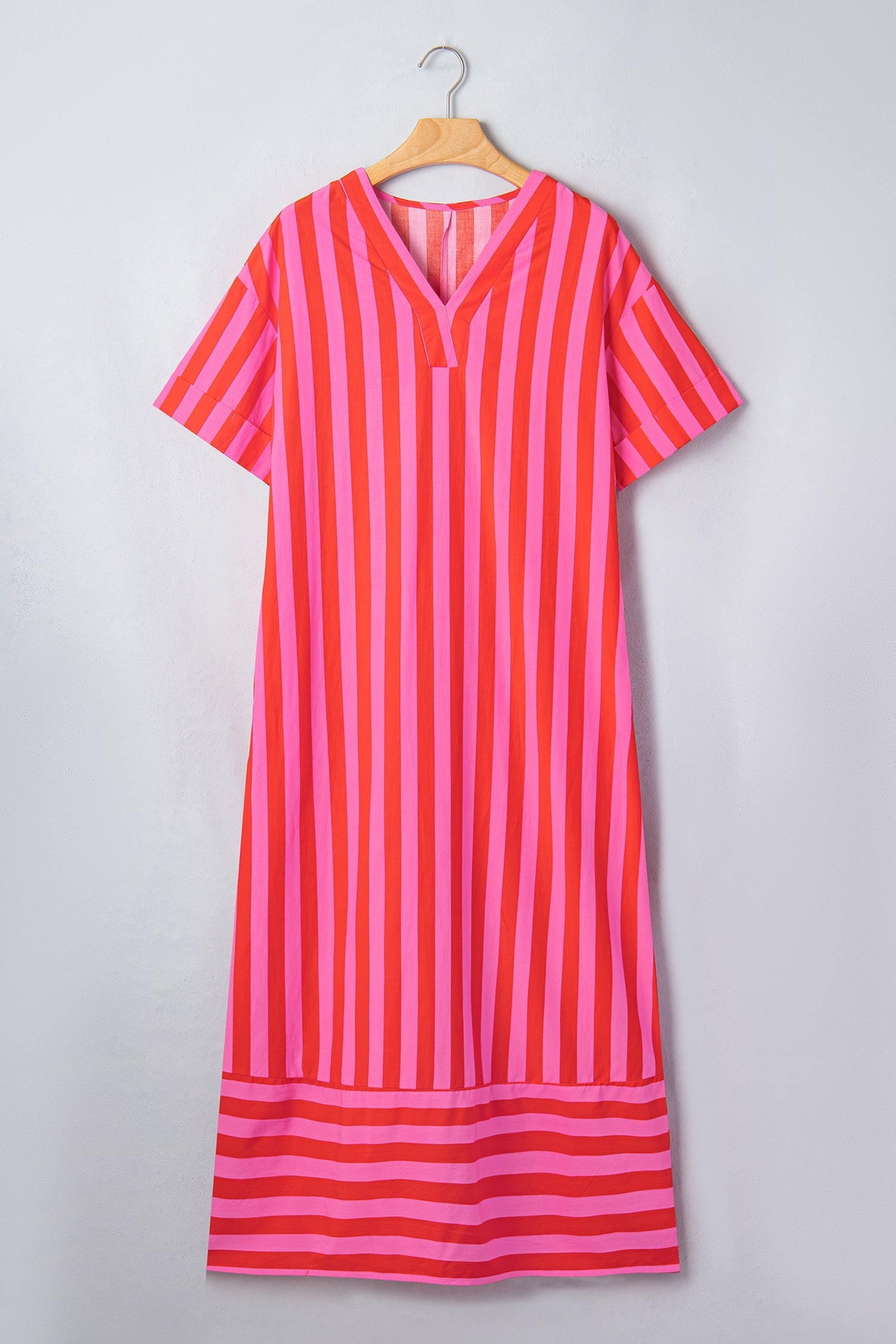 Stripe V-Neck Cuffed Sleeve Split Midi Dress