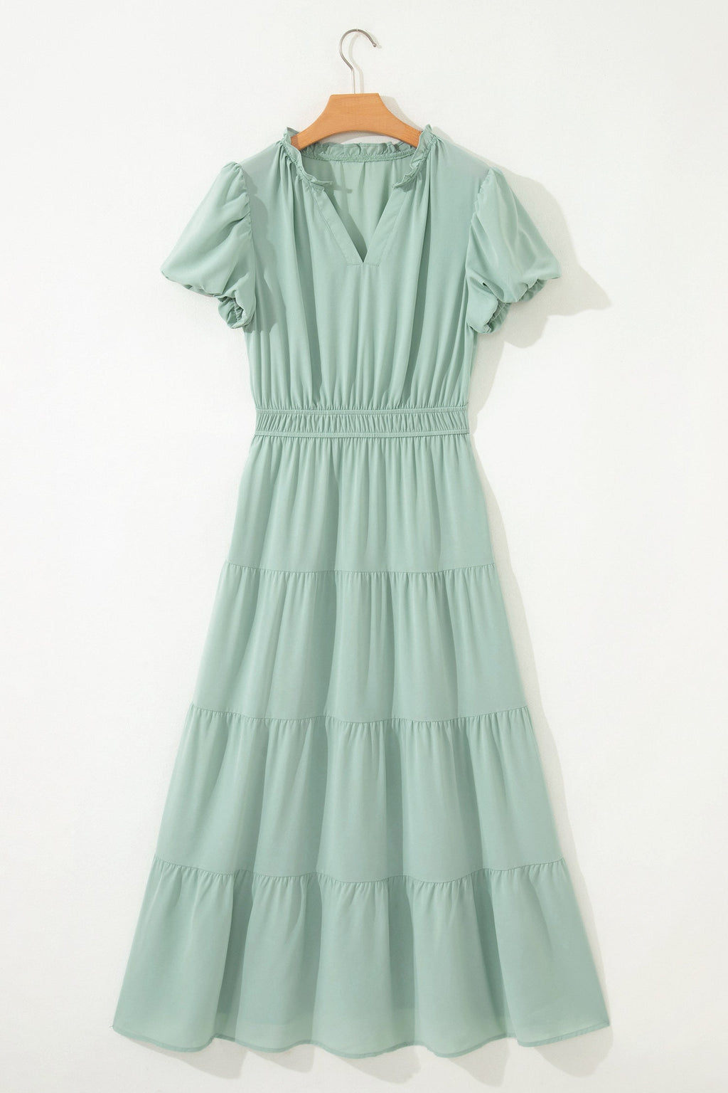 Solid V-Neck Short Puff Sleeve Tiered Maxi Dress in Pink or Aqua