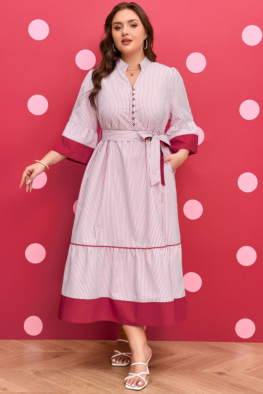 Plus Size Pinstripe Ruffle Hem Midi Dress