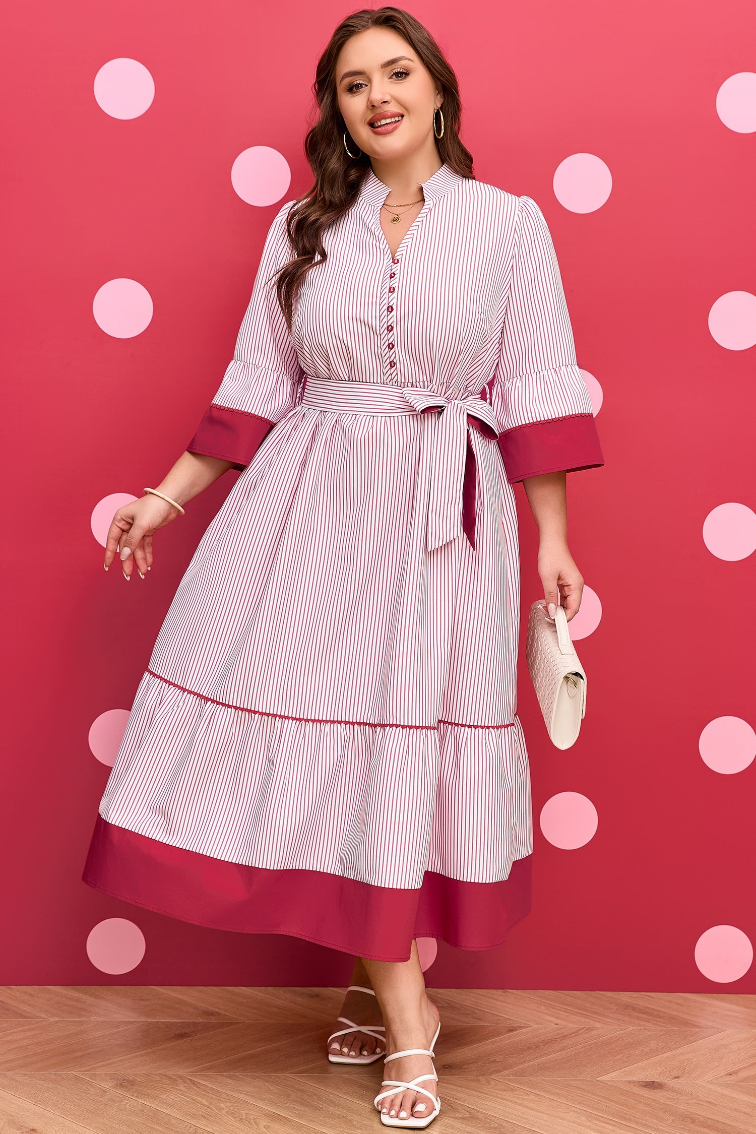 Plus Size Pinstripe Ruffle Hem Midi Dress