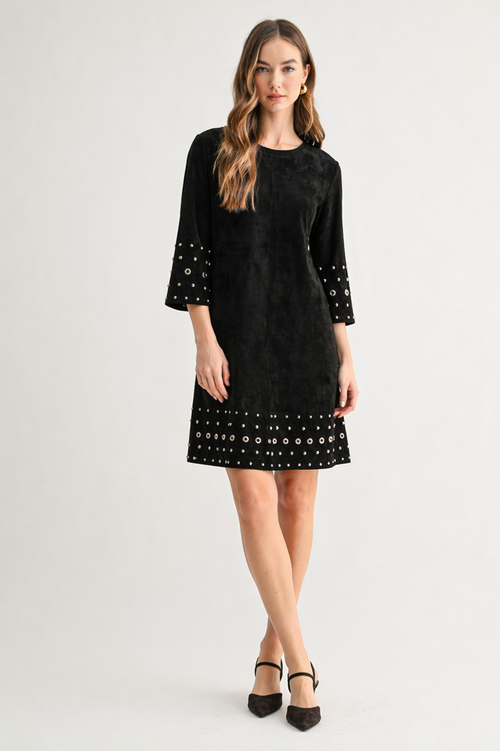 black suede dress Aurora Suede V-Neck Dress — Modest Long Sleeve Dress for Women
