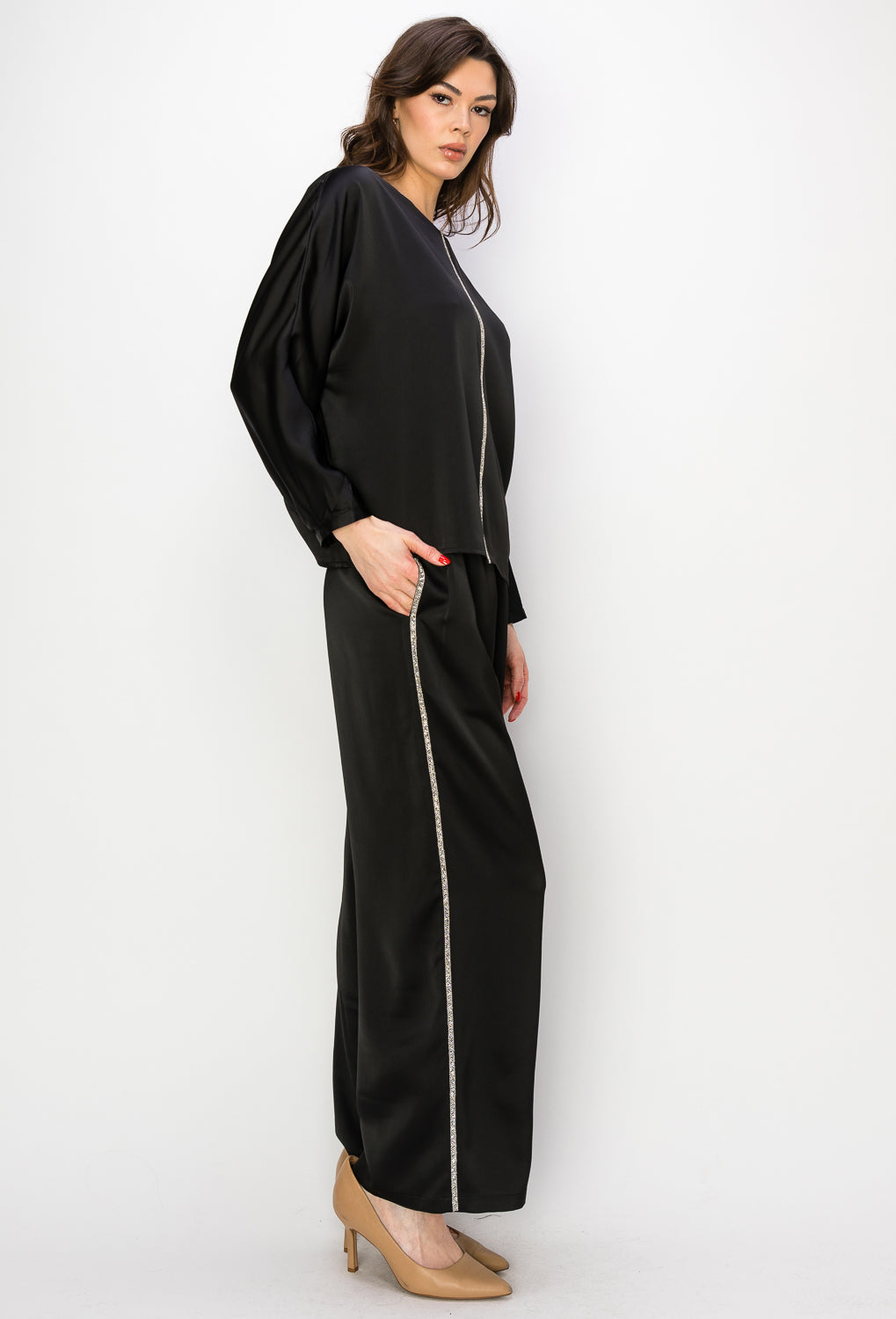 Wynne Satin Pant with Diamond Trim