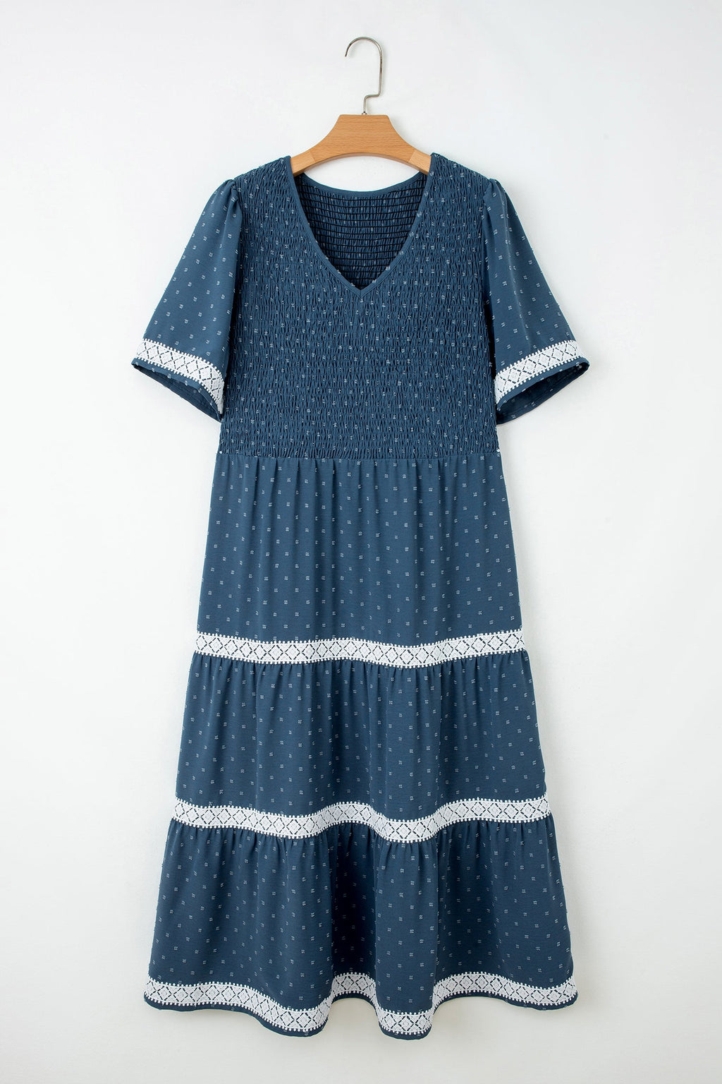 Plus Size Swiss Dot Lace Trim Flared Midi Dress