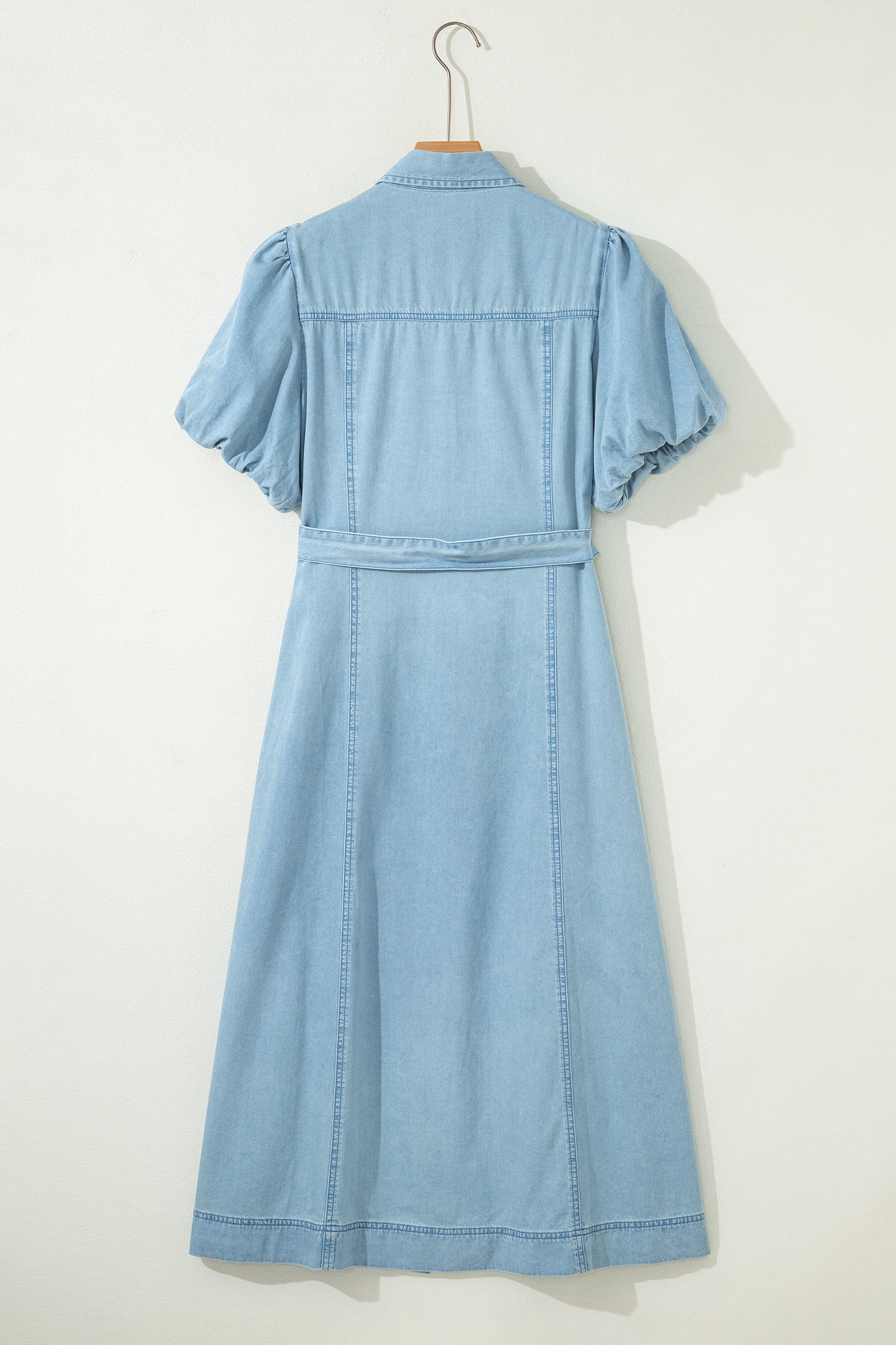 Solid Denim Collared Bubble Sleeve Buttoned Midi Dress