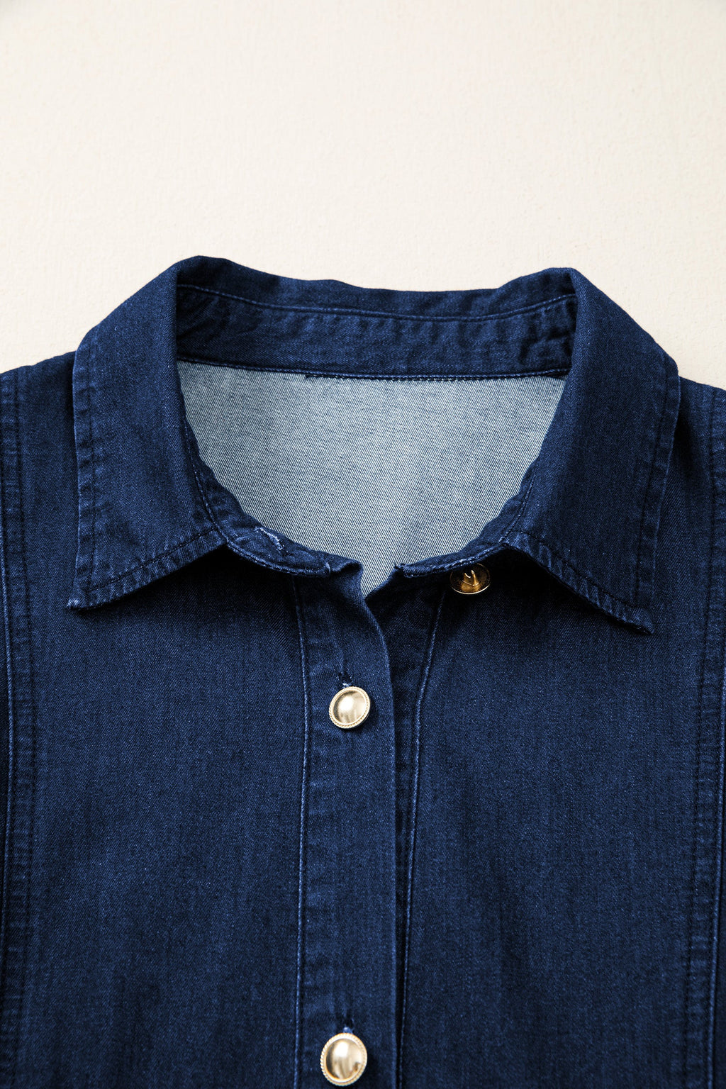 Solid Denim Collared Bubble Sleeve Buttoned Midi Dress
