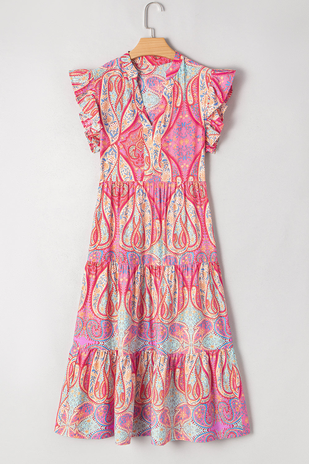 Tribal Paisley Ruffle Sleeve Notch Neck Midi Dress