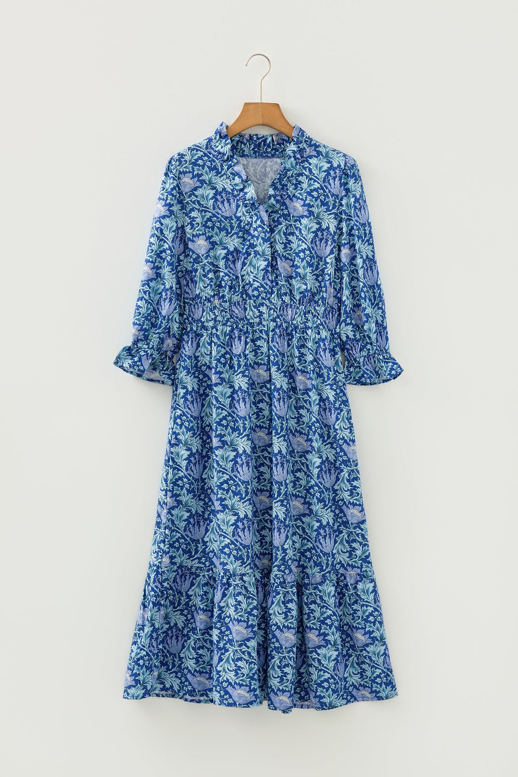Floral Frilled V-Neck 3/4 Sleeve Midi Dress