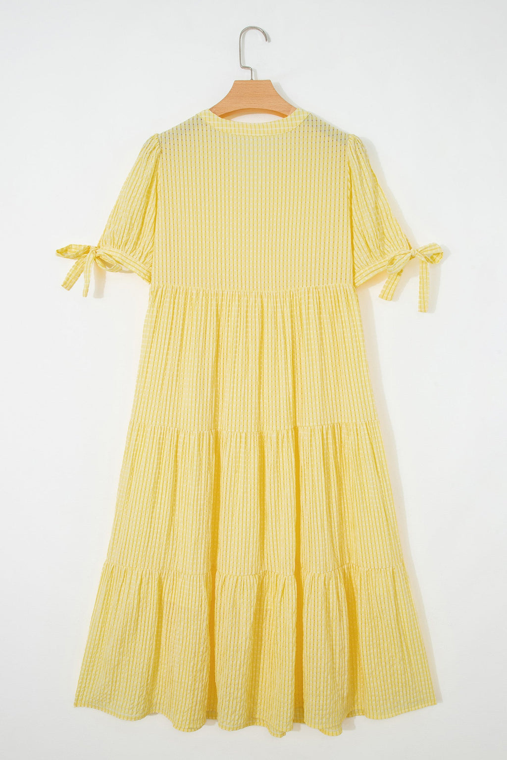 Gingham Textured Bow Tie Tiered Midi Dress